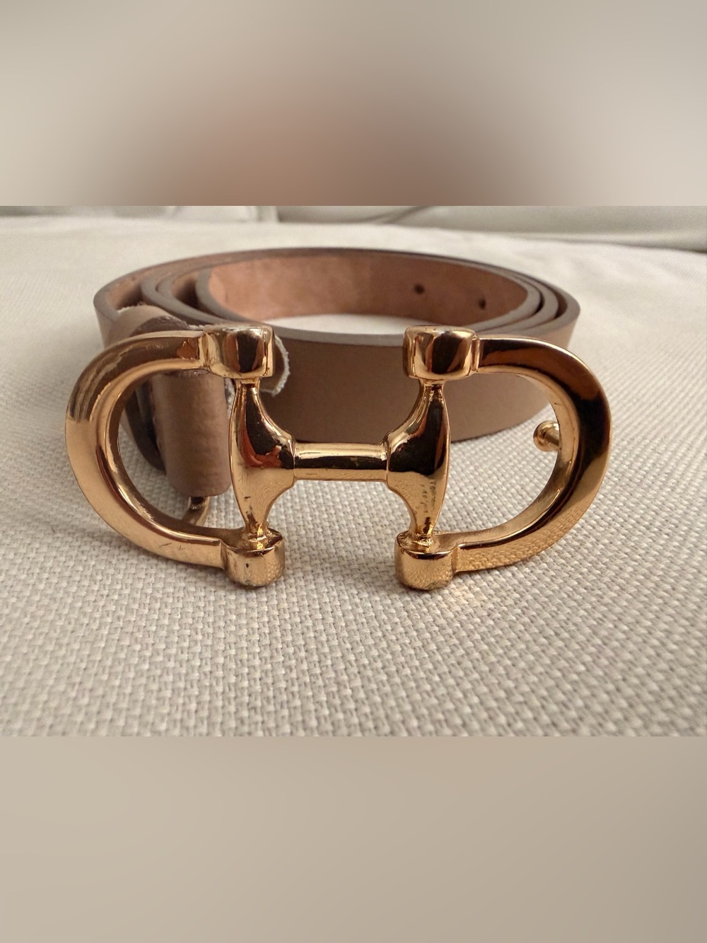 Massimo Dutti Tan Leather Belt with Gold Horsebit Buckle
